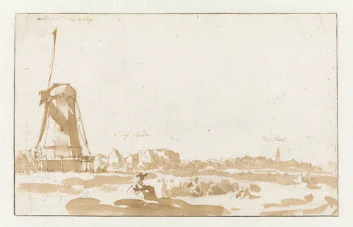 Gezicht op een molen vanaf de Rijnoever by Jan de Bisschop, drawing, 1648-1671