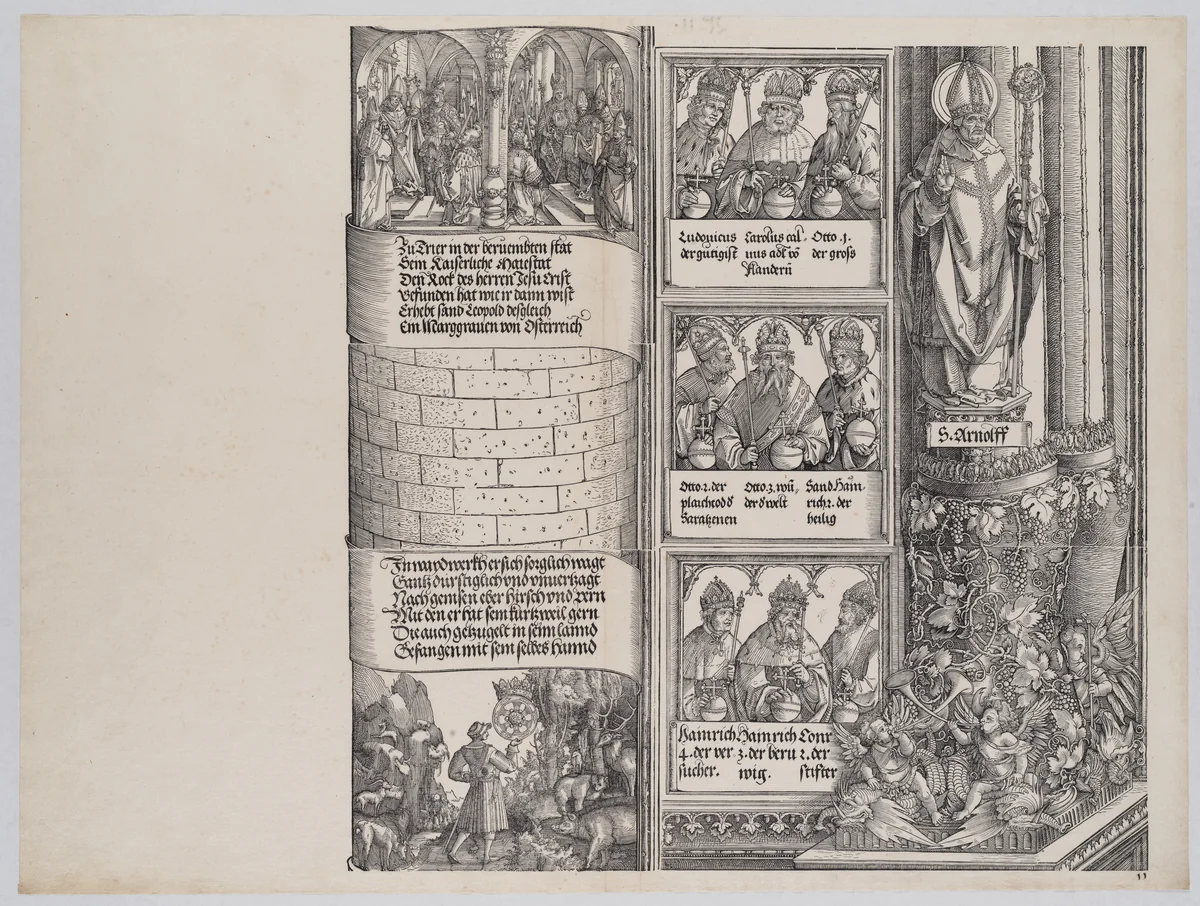 Maximilian's Prowess in the Chase; and The Legend of the Holy Coat of Treves; with Portraits of Emperors and Kings (Maximilian's Forerunners), from the Arch of Honor, proof, dated 1515, printed 1517-18 by Albrecht Altdorfer, print, 1517-1518