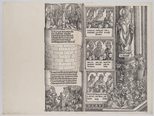 Maximilian's Prowess in the Chase; and The Legend of the Holy Coat of Treves; with Portraits of Emperors and Kings (Maximilian's Forerunners), from the Arch of Honor, proof, dated 1515, printed 1517-18 by Albrecht Altdorfer, print, 1517-1518