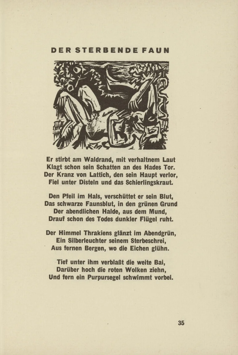 The Dying Faun (Der sterbende Faun) (headpiece, page 35) from Umbra vitae (Shadow of Life) by Ernst Ludwig Kirchner, illustrated book, 1924