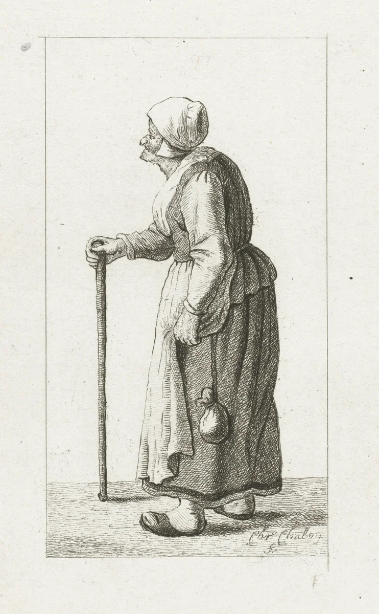 Staande vrouw met stok by Pieter de Mare, print, 1779