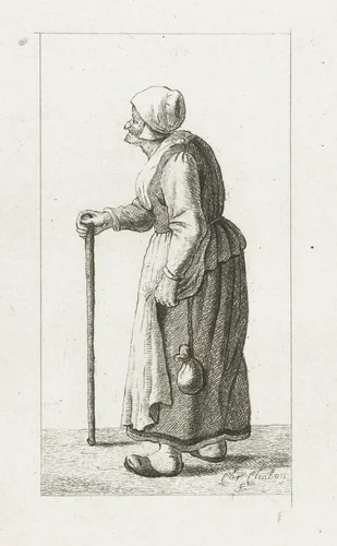 Staande vrouw met stok by Pieter de Mare, print, 1779