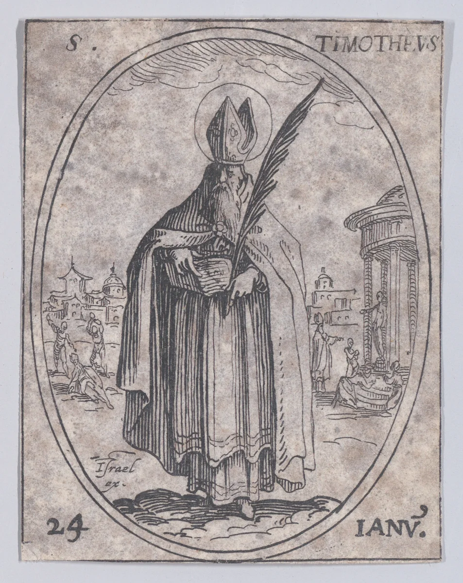 S. Timothée (St. Timothy), January 24th, from "Les Images De Tous Les Saincts et Saintes de L'Année" (Images of All of the Saints and Feast Days of the Year) by Jacques Callot, print, 1636