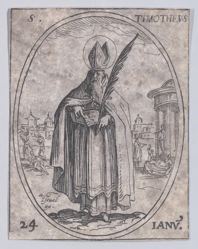 S. Timothée (St. Timothy), January 24th, from "Les Images De Tous Les Saincts et Saintes de L'Année" (Images of All of the Saints and Feast Days of the Year) by Jacques Callot, print, 1636