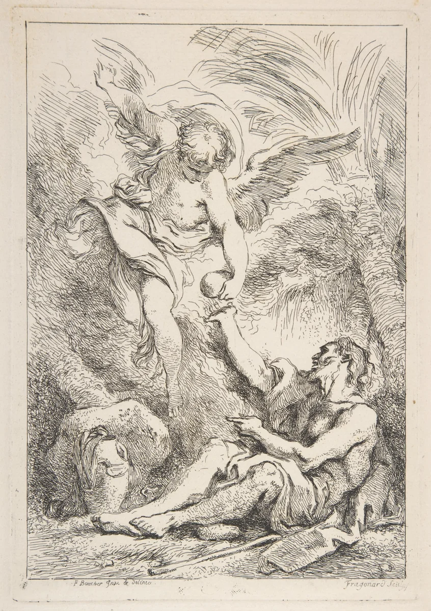 An Angel Bringing Food to a Hermit by Jean Honoré Fragonard, print, 1745-1755