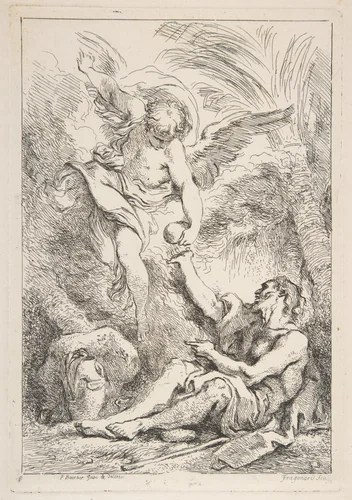 An Angel Bringing Food to a Hermit by Jean Honoré Fragonard, print, 1745-1755