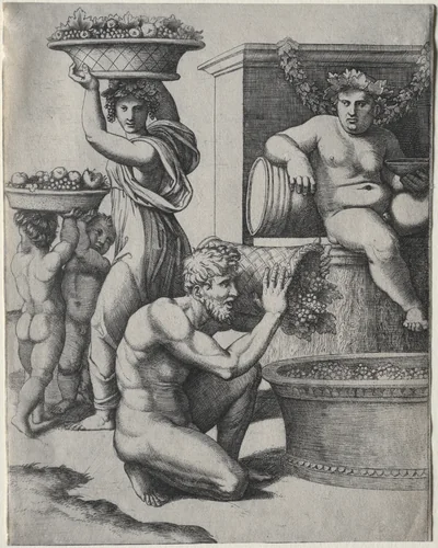 The Wine Press by Marcantonio Raimondi, print, 1512-1525