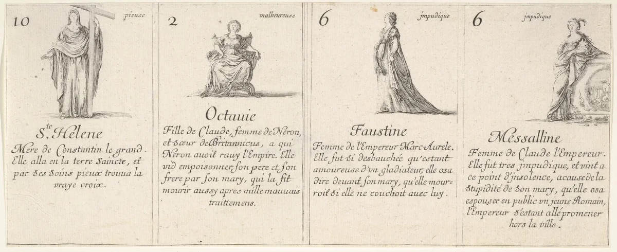 Ste. Helene, Octauie, Faustine, and Messalline, from "The Game of Queens" (Le Jeu des Reines Renommées) by Stefano della Bella, print, 1644