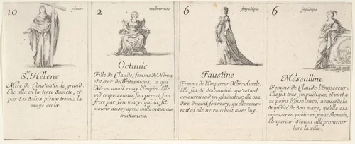 Ste. Helene, Octauie, Faustine, and Messalline, from "The Game of Queens" (Le Jeu des Reines Renommées) by Stefano della Bella, print, 1644