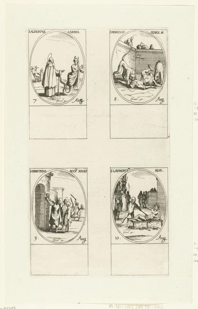 Heilige Albertus van Trapani, Heilige Marinus van Anazarbus, Heilige Demetrius en gezellen, Heilige Laurentius van Rome (7-10 augustus) by Jacques Callot, print, 1632-1636