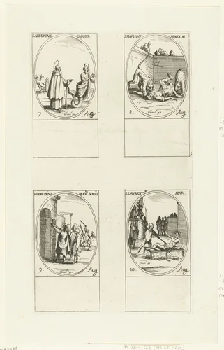 Heilige Albertus van Trapani, Heilige Marinus van Anazarbus, Heilige Demetrius en gezellen, Heilige Laurentius van Rome (7-10 augustus) by Jacques Callot, print, 1632-1636