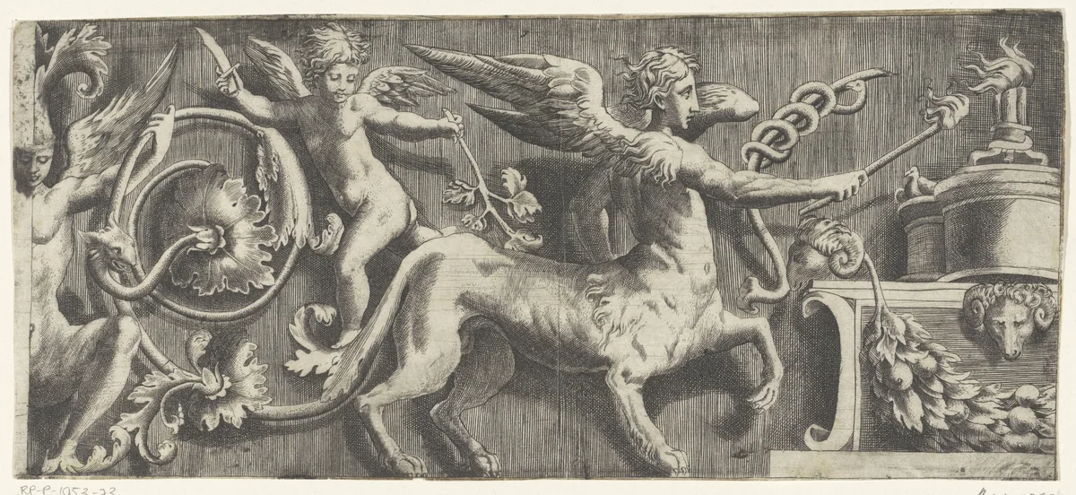 Fries met sfinx en putto bij altaar by Giulio Bonasone, print, 1501-1580