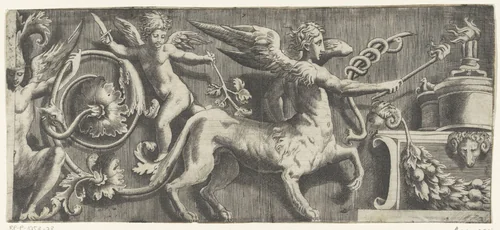 Fries met sfinx en putto bij altaar by Giulio Bonasone, print, 1501-1580