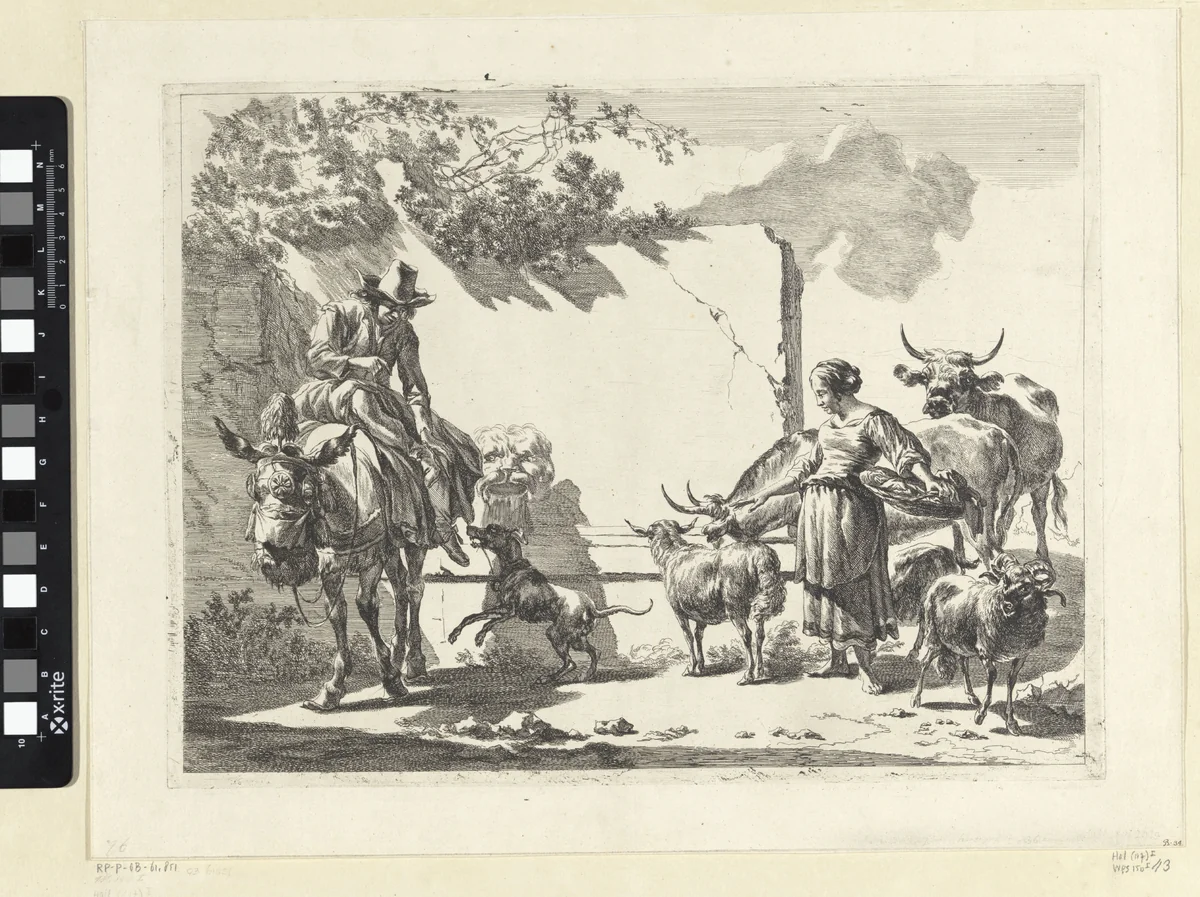 Herder en herderin bij een fontein by Jan de Visscher, print, 1657-1692
