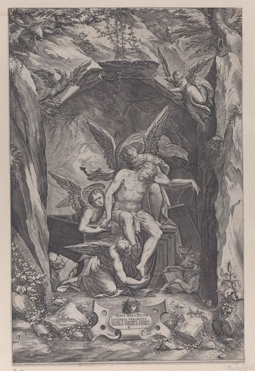 Christ rising from the tomb, assisted by two angels by Martino Rota, print, 1540-1583