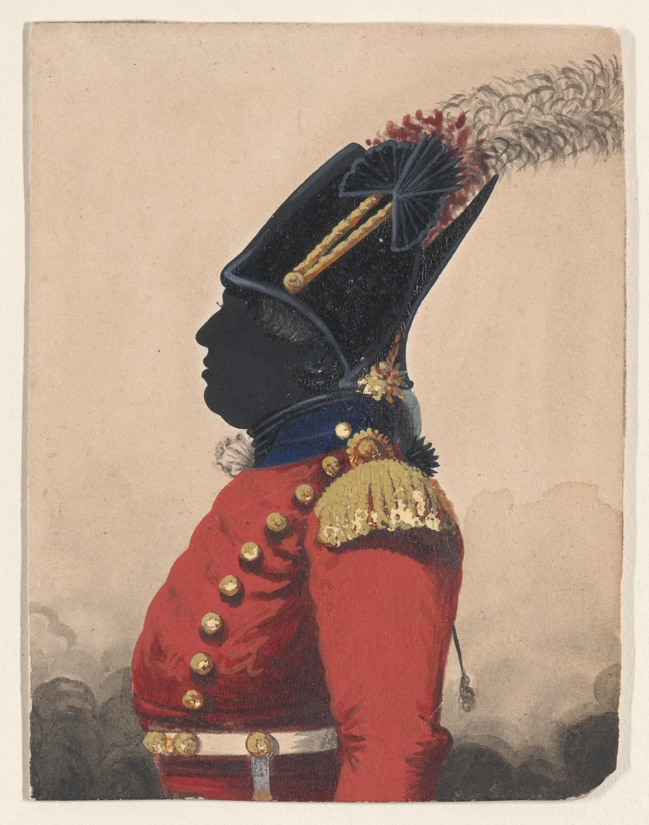 Half-length silhouette of an officer with a feathered hat by John Buncombe, drawing, 1825-1900