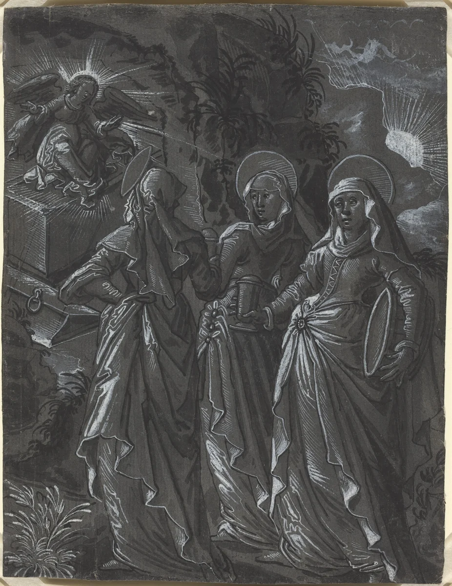 The Three Women at the Tomb [recto] by German 16th Century, drawing, 1600