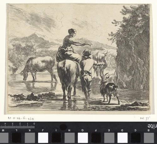 Herders bij een waterval by Jan de Visscher, print, 1643-1692