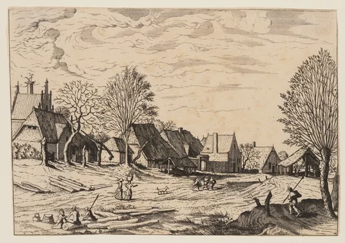 Couple Resting on Trunk in the Foreground, from Master of the Small Landscape Series by Johannes van Doetecum, print, 1560