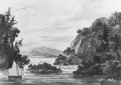 View on the Hudson River (Copy after Engraving by Weld and S. Springsguth in Weld, Travels Through the States of North America, 1807) by Pavel Svinin, artwork, 1811-1816