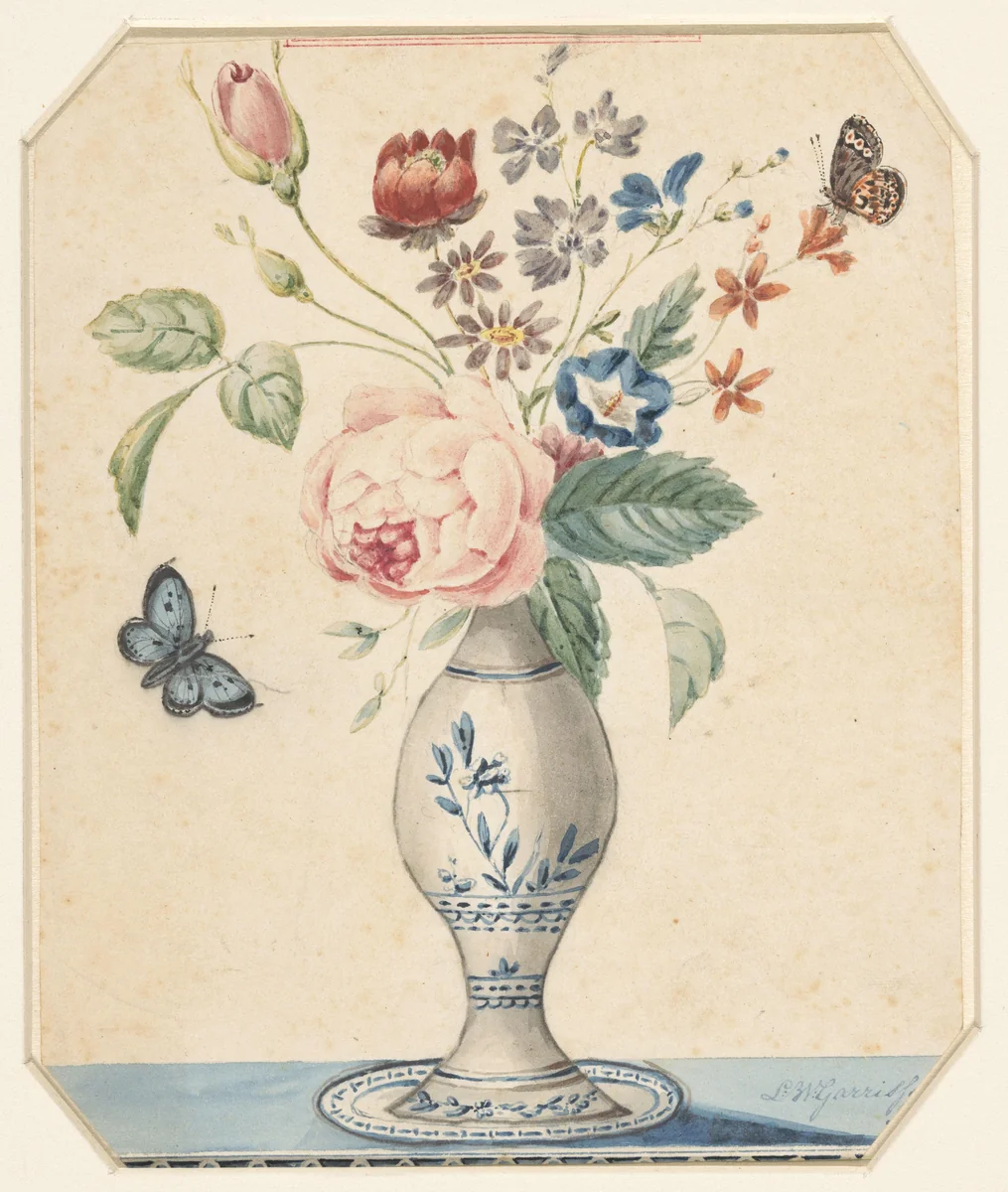 Vaasje met bloemen en een blauwe vlinder by L.W. Garrison, drawing, 1800-1900