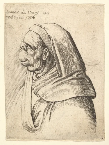 Bust of a man with a small turned-up nose and very high upper lip, wearing hood, in profile to the left by Wenceslaus Hollar, print, 1666