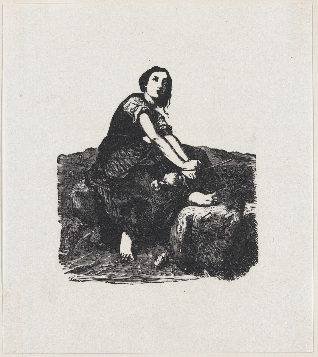 Girl seated on a rock holding a distaff by anonymous, print, 19