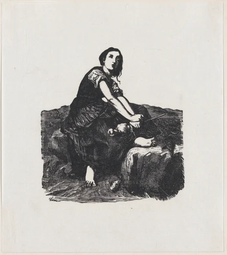 Girl seated on a rock holding a distaff by anonymous, print, 19