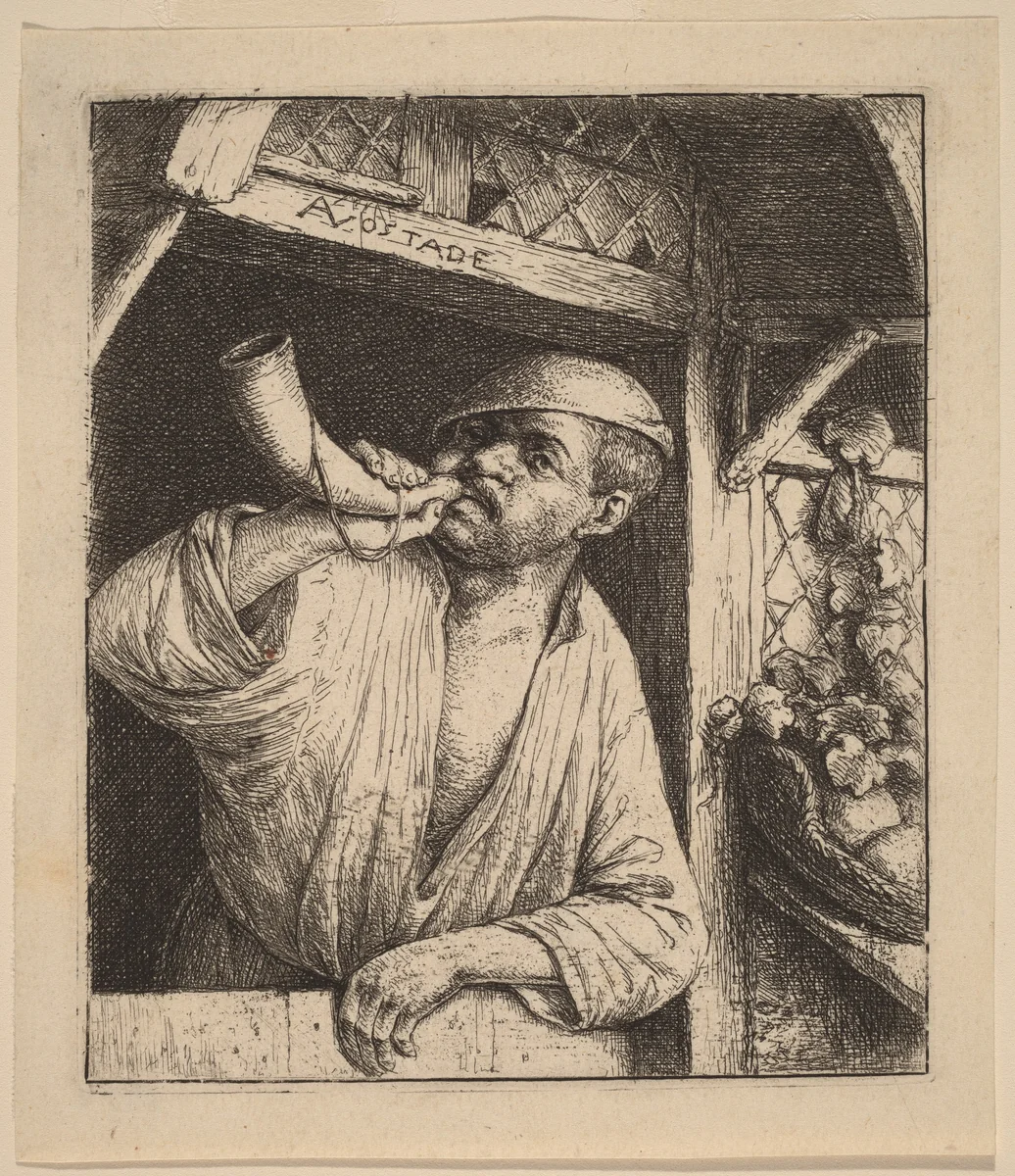 Baker Sounding His Horn by Adriaen van Ostade, print, 1643-1653
