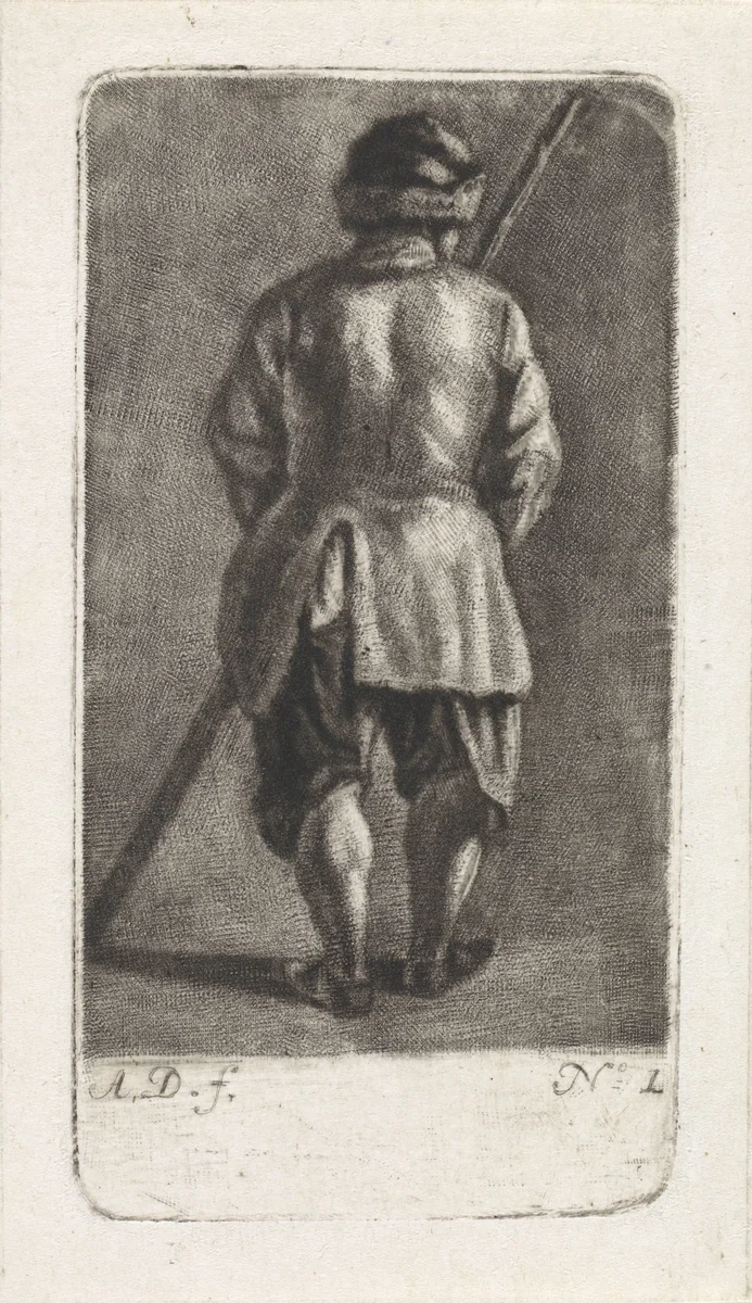 Man met stok, op de rug gezien by Abraham Delfos, print, 1741-1820