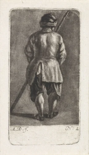 Man met stok, op de rug gezien by Abraham Delfos, print, 1741-1820