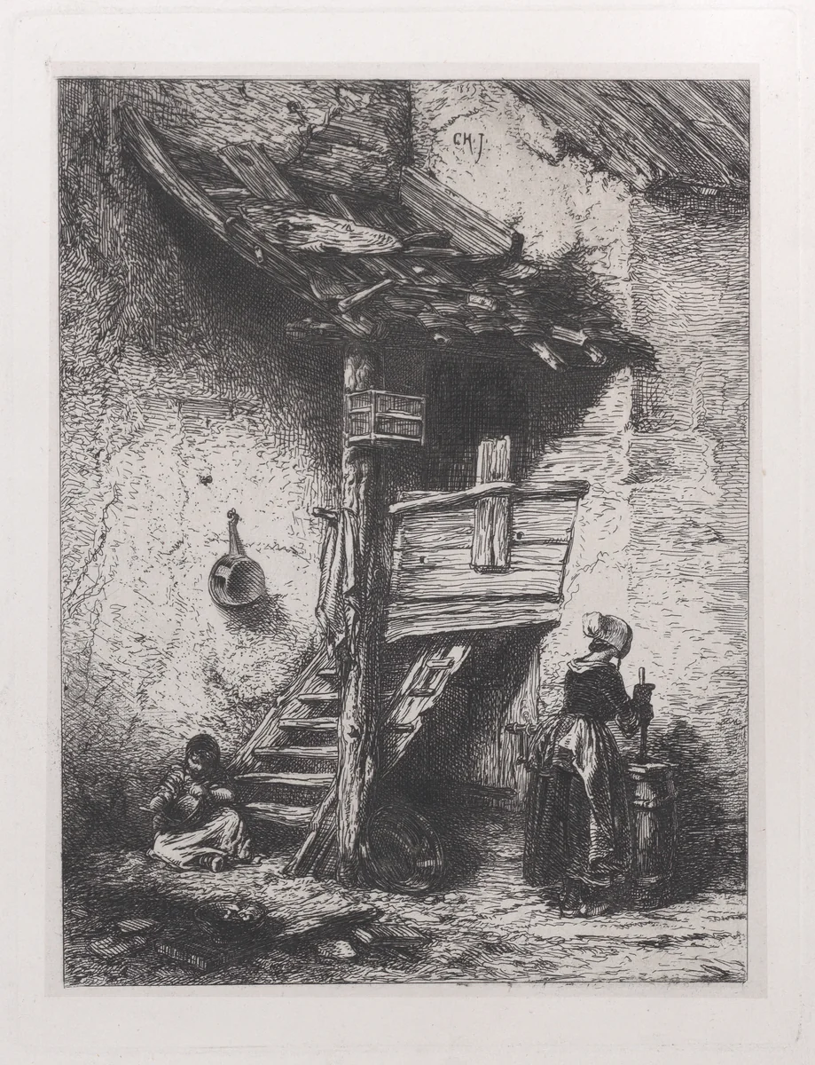 Stairs and Woman Churning by Charles Jacque, print, 1845