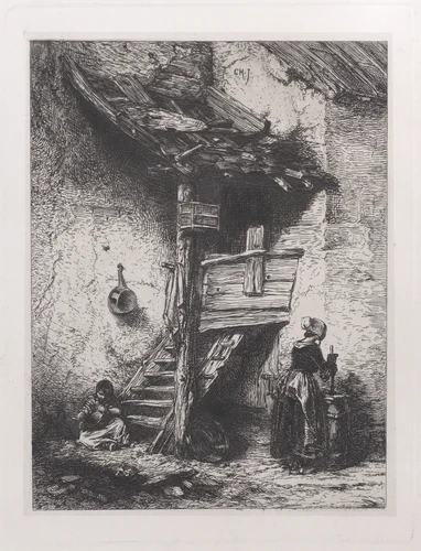 Stairs and Woman Churning by Charles Jacque, print, 1845