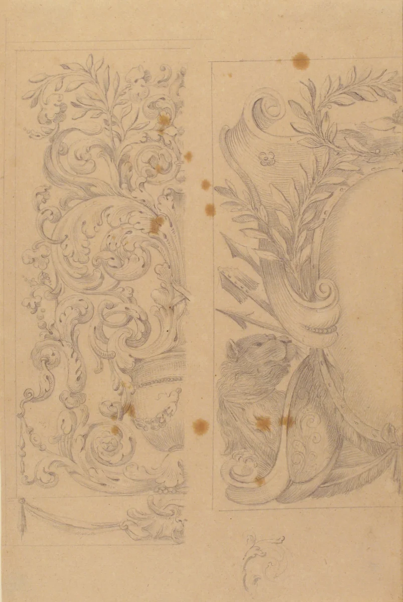 Left Part of the Drawing: Floral Ornaments; Right Part of the Drawing: Half Cartouche Decorated with Leaves, Arms and a Lion by Agostino Mitelli, drawing, 1620-1660