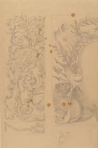 Left Part of the Drawing: Floral Ornaments; Right Part of the Drawing: Half Cartouche Decorated with Leaves, Arms and a Lion by Agostino Mitelli, drawing, 1620-1660
