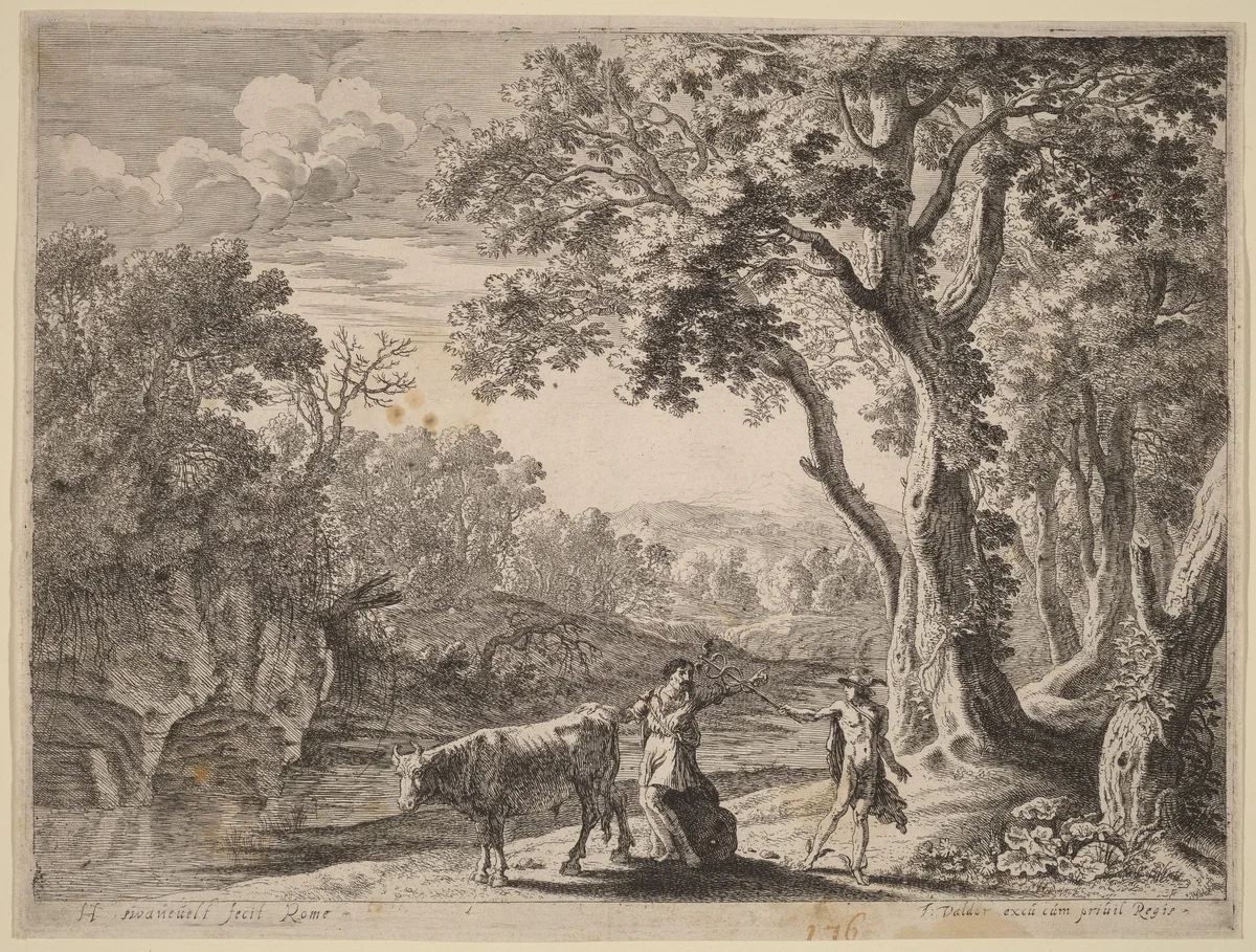 Battus Transformed into Stone by Herman van Swanevelt, print, 1600-1655