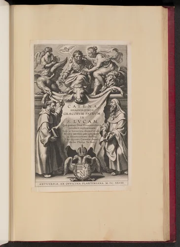 Title Page for Balthasar Cordier, Catena Sexaginta Qvinqve Graecorvm Patrvm in S. Lvcam... by Cornelis Galle
Peter Paul Rubens, print, 1628