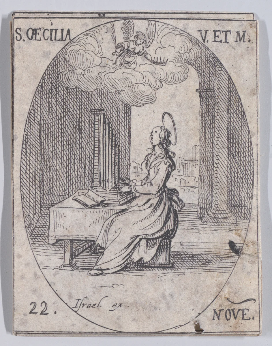 Ste. Cécile, vierge et martyre (St. Cecilia, Virgin and Martyr), November 22nd, from "Les Images De Tous Les Saincts et Saintes de L'Année" (Images of All of the Saints and Religious Events of the Year) by Jacques Callot, print, 1636