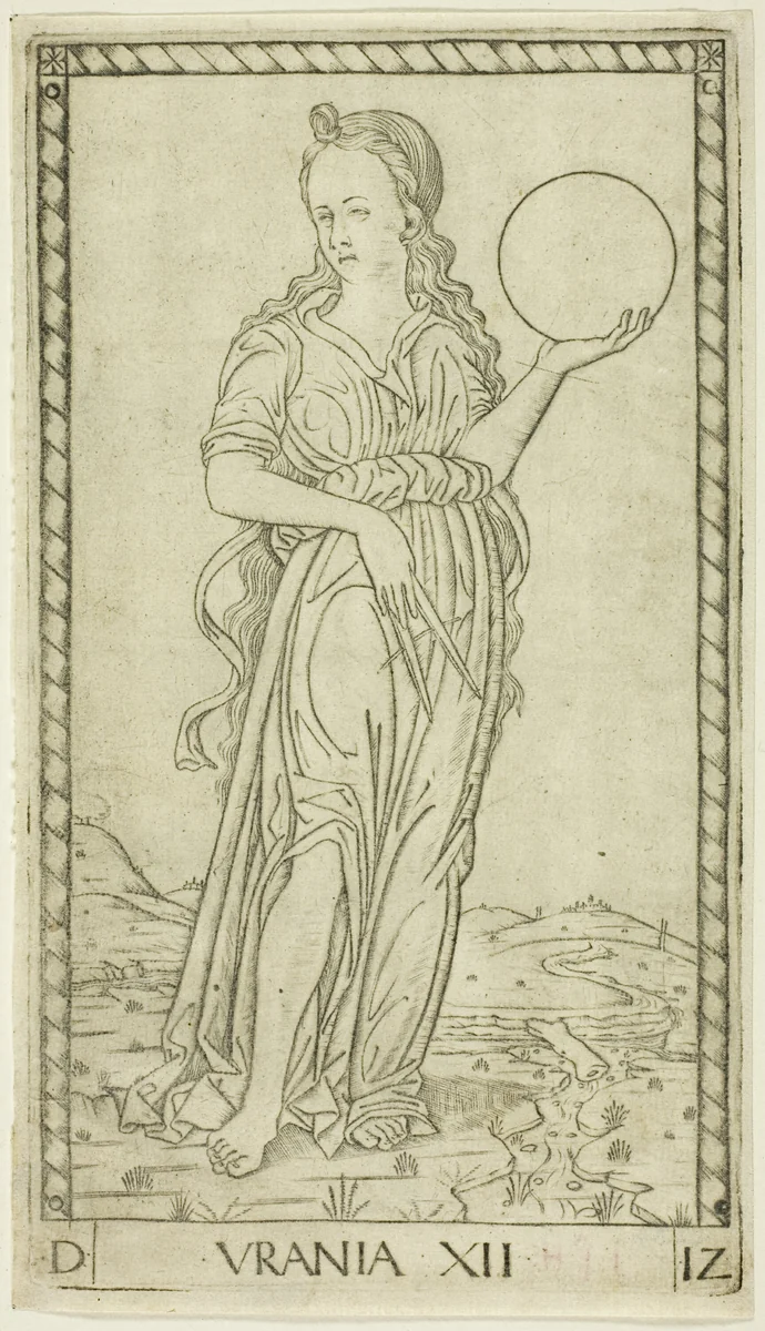 Urania, plate twelve from Apollo and the Muses by Master of the E-Series Tarocchi, print, 1460-1470