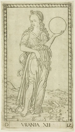 Urania, plate twelve from Apollo and the Muses by Master of the E-Series Tarocchi, print, 1460-1470