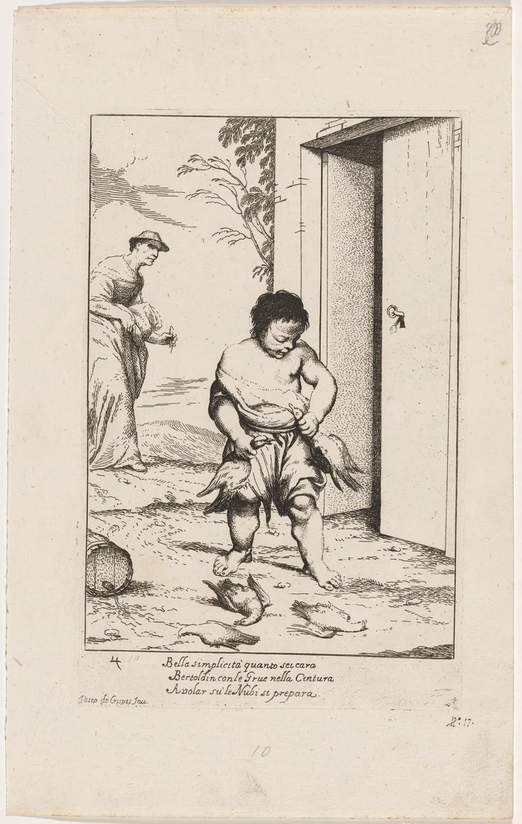 Bertoldino Fastening Geese to His Belt by Giuseppe Maria Crespi, print, 1705-1715