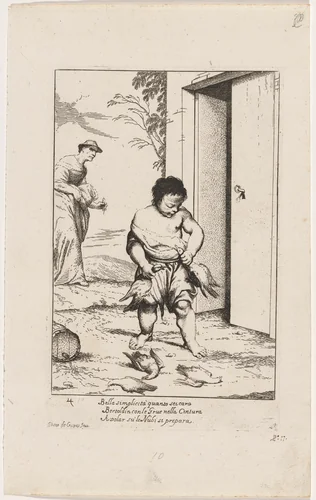 Bertoldino Fastening Geese to His Belt by Giuseppe Maria Crespi, print, 1705-1715
