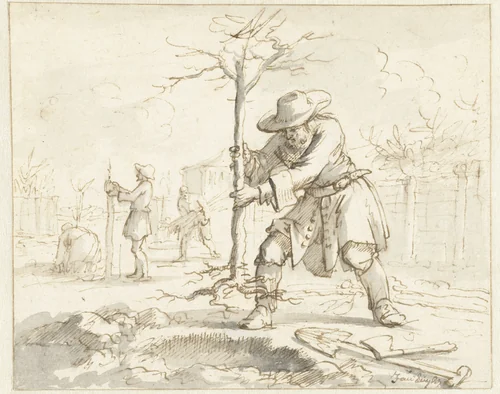 Het planten van bomen by Jan Luyken, drawing, 1660-1712
