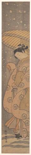 Beauty under an Umbrella in the Snow by Suzuki Harunobu (鈴木春信), print, 1760-1780