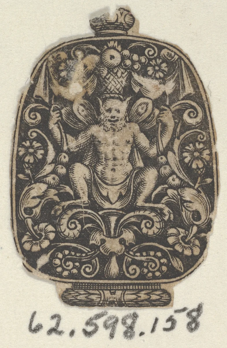 Design for a Sword Pommel with a Crouching Satyr by Theodor de Bry, print, 1592-1593