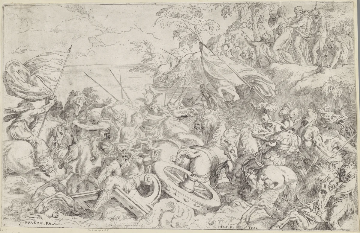 Doortocht door de Rode Zee by Unknown, print, 1593-1595