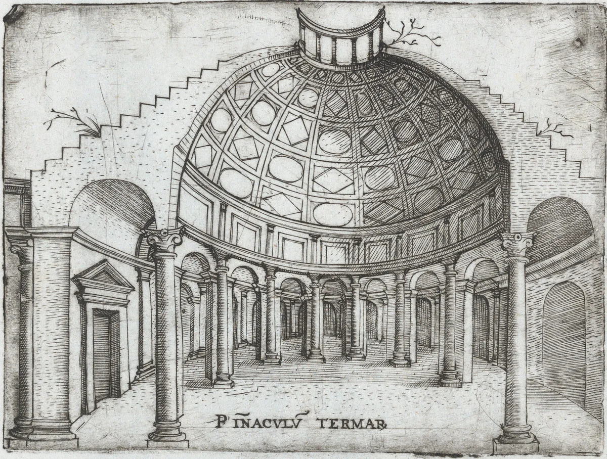 Tem. Ro. Penatibus Dicatu, from a Series of Prints depicting (reconstructed) Buildings from Roman Antiquity by Monogrammist G.A. with the Caltrop, book, 1530-1550