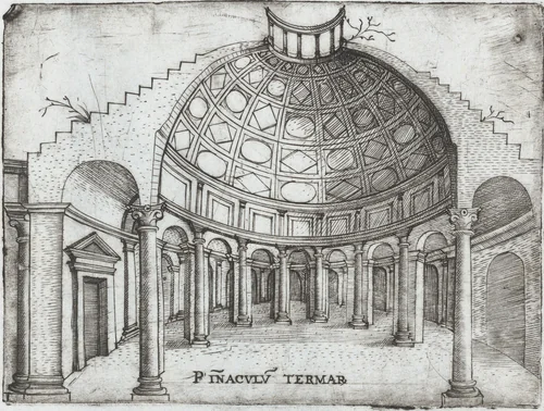 Tem. Ro. Penatibus Dicatu, from a Series of Prints depicting (reconstructed) Buildings from Roman Antiquity by Monogrammist G.A. with the Caltrop, book, 1530-1550