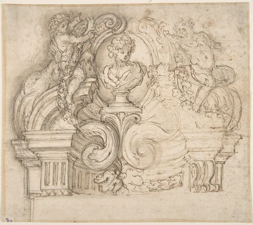 Design for an Overdoor or the Top of a Niche with a Bust and Garland-bearing Putti by Giovanni Battista Foggini, drawing, 1652-1725
