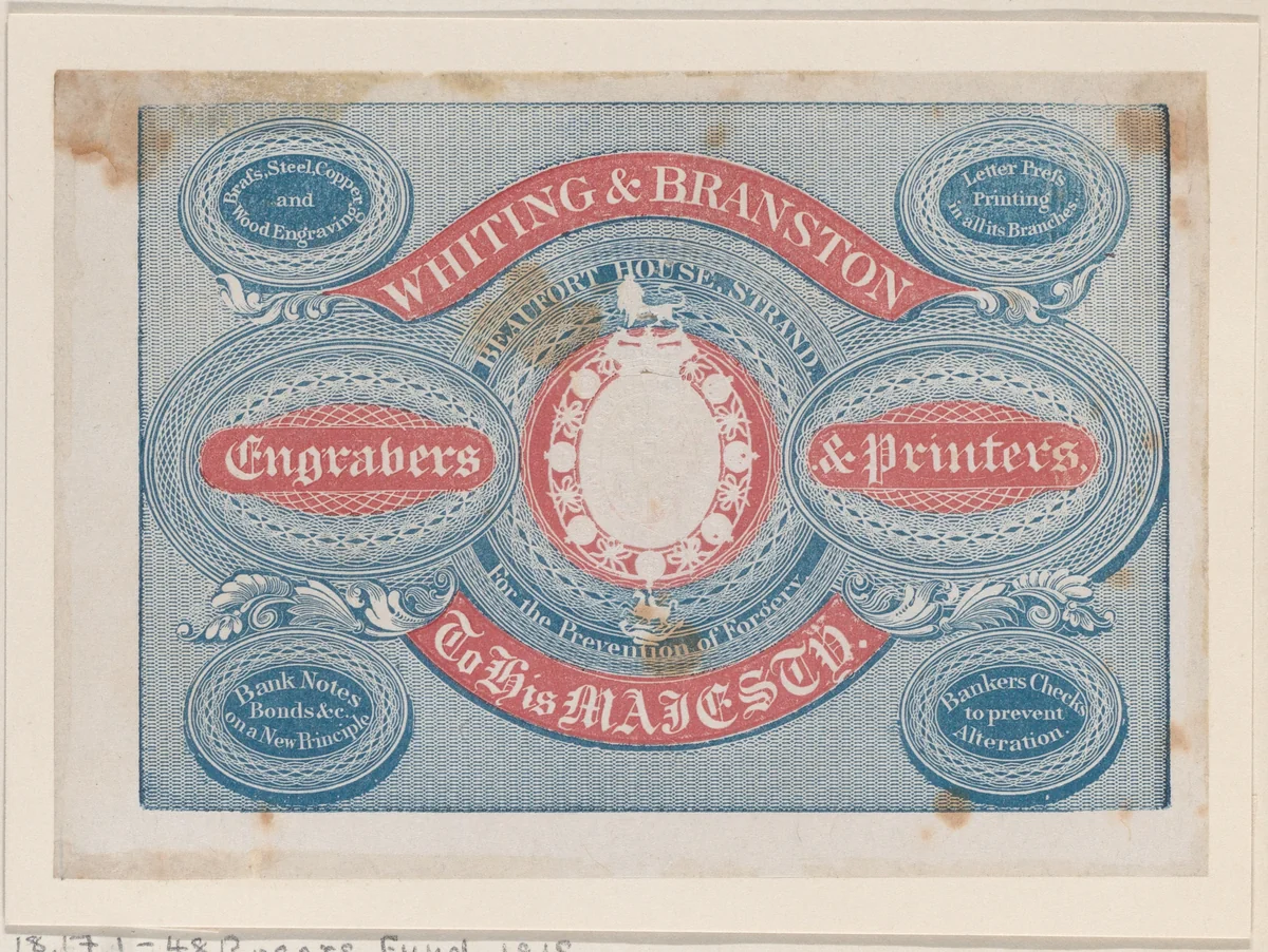 Trade Card for Whiting & Branston, Engravers & Printers by anonymous, print, 1800-1900